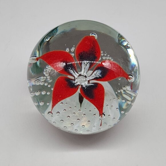 Glass Flower Floral Paperweight Red White Blue Bubbles VTG Wheaton Village 2.5" - Picture 1 of 8